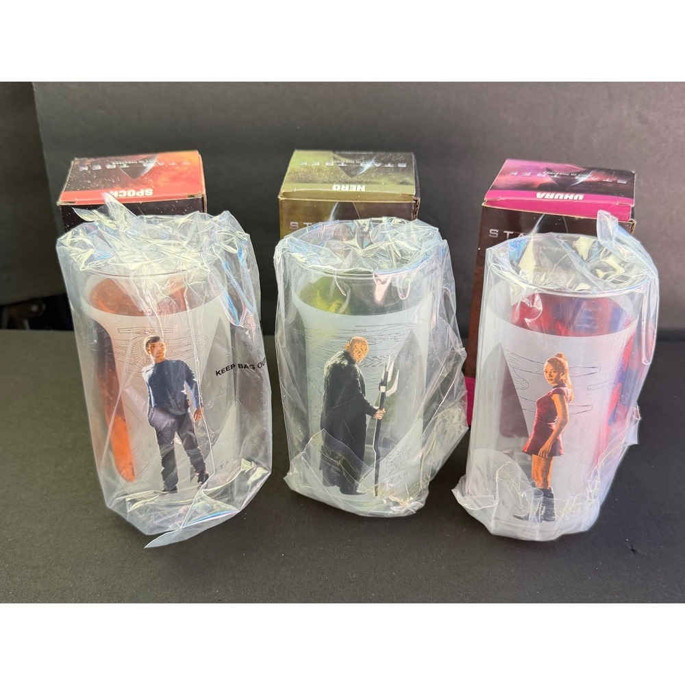 Star Trek 2009 Burger King Glass Set 3 Spock Nero Uhura Movie Promo Collectible